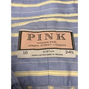 THOMAS PINK Jermyn Classic Button Up Dress Shirt 16 34.5 Stripe French Cuff Blue